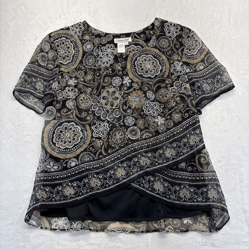 Coldwater Creek Blouse Womens Size 16 Black Geometric Sheer (Tank Underneath)